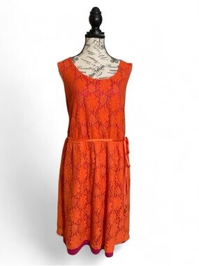 Apt 9 Bright Orange Floral Lace Fuchsia Lining Tie Waist Dress Women’s Size L
